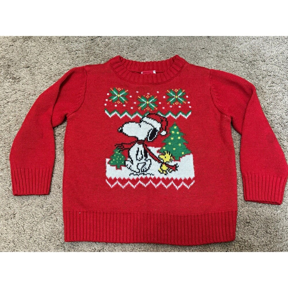 Peanuts Snoopy Woodstock Christmas Red Knit Pullover Sweater 4T Acrylic